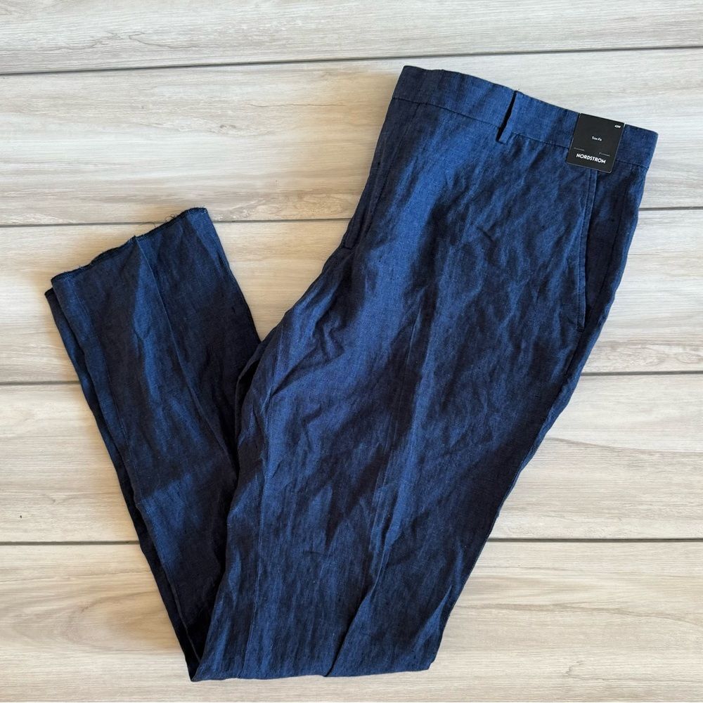 Nordstrom Trim Fit Linen Pants Blue Size 42W NWT